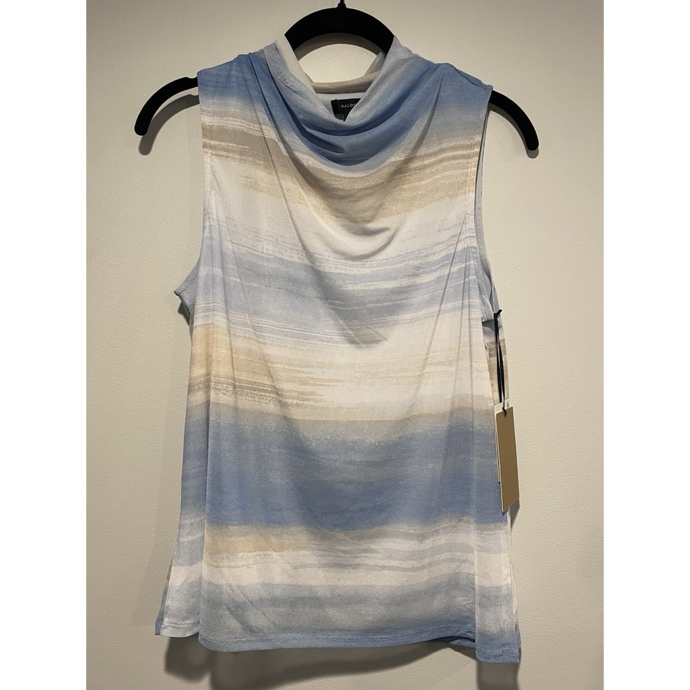 Halogen Knit Top Size Medium Draped Cowl Neck Sleeveless Blouse Tan Blue Ombré